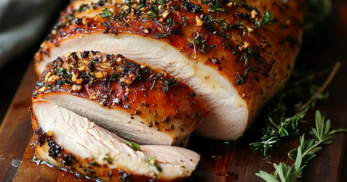 Smoked turkey breast seasoned with herbs and spices, showcasing a juicy, tender interior with a crispy, golden exterior