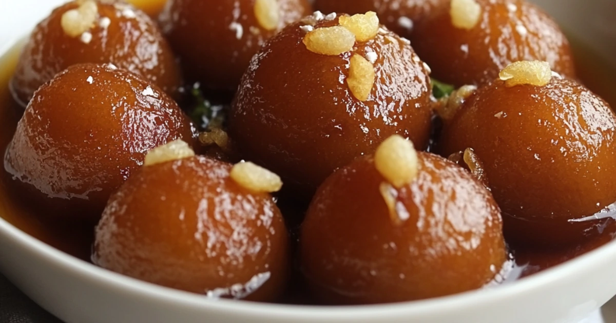 Gulab Jamun served in a bowl of saffron and cardamom-infused syrup, garnished with rose petals