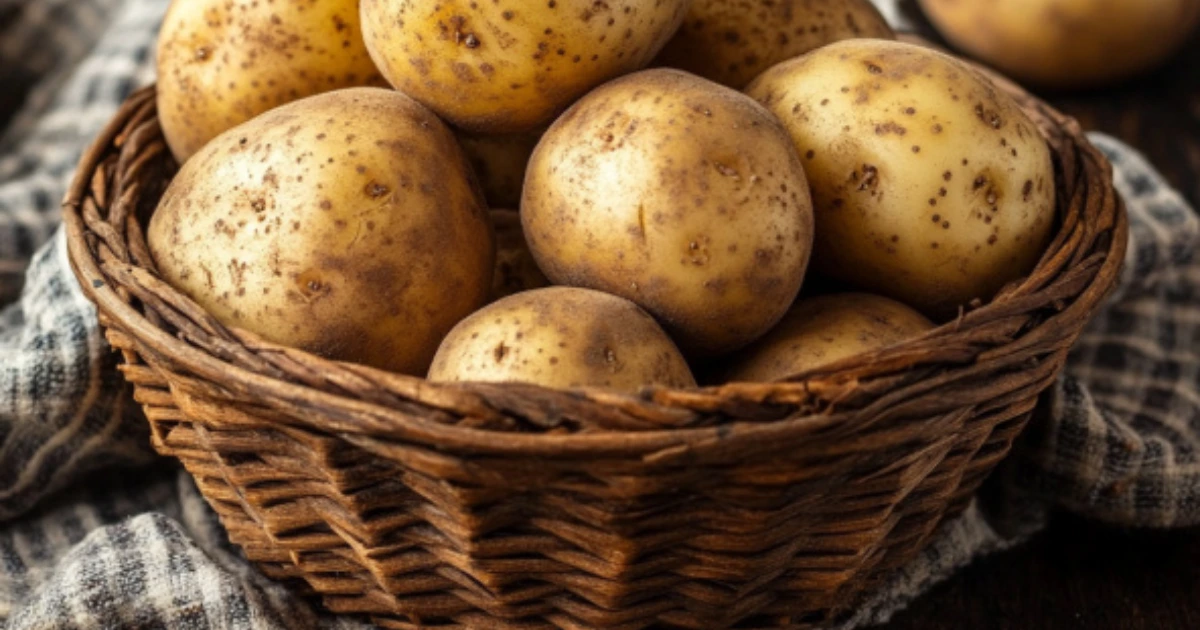 Fresh russet potatoes stacked on a rustic wooden surface, ready for cooking