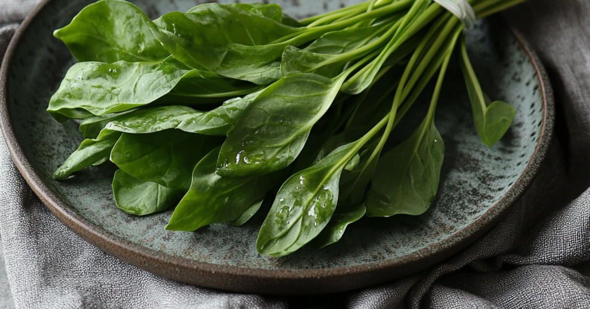 Fresh bunch of water spinach (Ipomoea aquatica), showcasing its long, tender stems and vibrant green leaves, ready for cooking or use in a salad