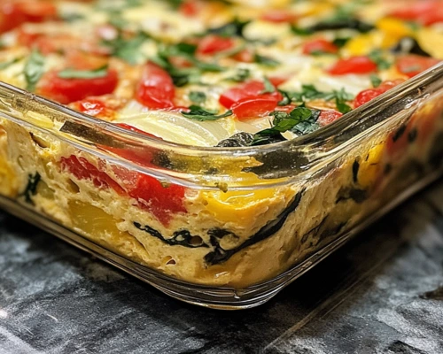 Frittata with eggs, vegetables, and cheese, served in a cast iron skillet
