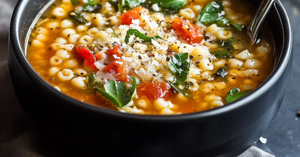 A warm bowl of classic pastina soup, featuring tiny pasta, broth, and comforting flavors perfect for any time of day