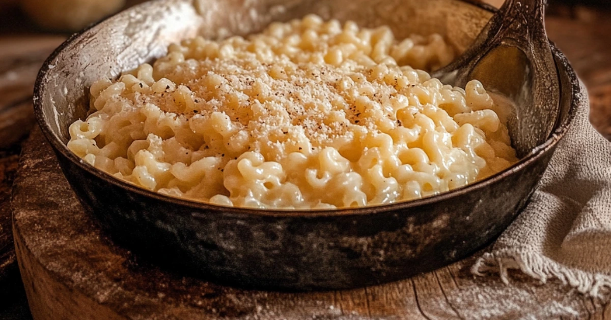 Close-up of pastina in a pot with steam rising, ready to be drained after cooking