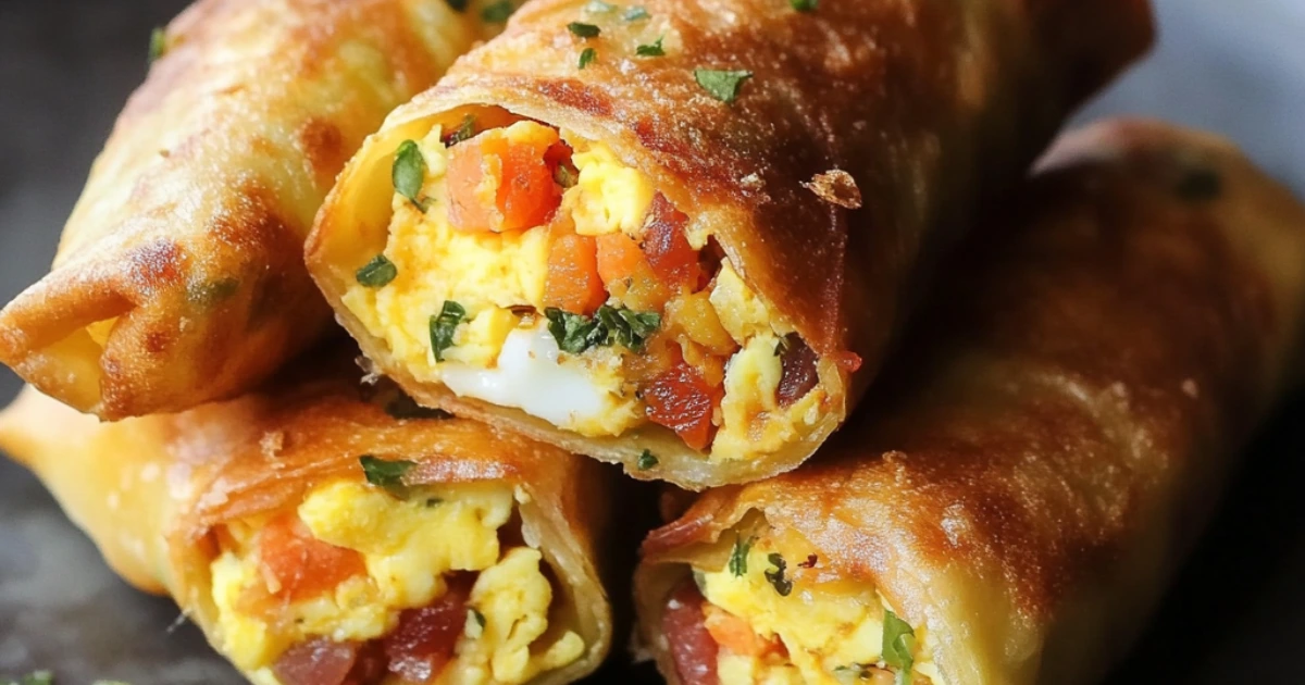 Golden and crispy breakfast egg rolls filled with scrambled eggs, cheese, and vegetables, served with a side of salsa