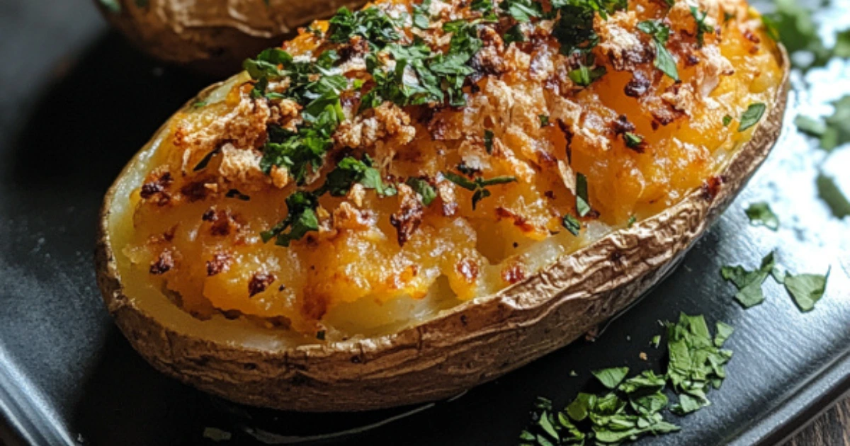 Delicious twice-baked potatoes stuffed with cheese, bacon, and sour cream, a perfect side dish for any meal