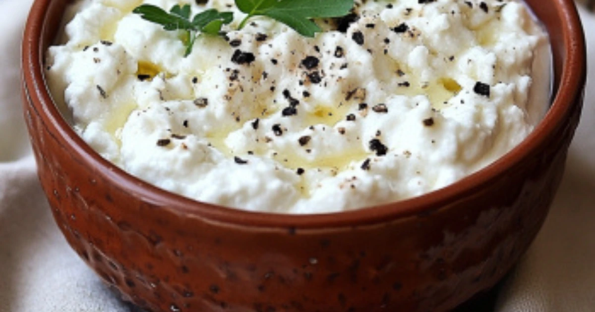 A bowl of fresh cottage cheese with a spoon, ready to be served, garnished with herbs