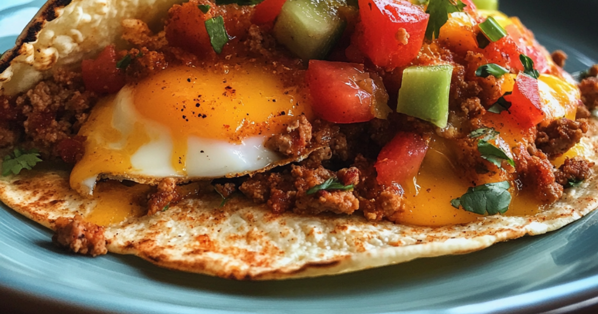 Scrambled eggs seasoned with taco seasoning, garnished with fresh cilantro, and served on a plate for a flavorful breakfast twist