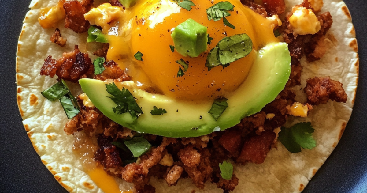 A close-up of a breakfast taco filled with scrambled eggs, bacon, avocado, and cheese, wrapped in a soft tortilla