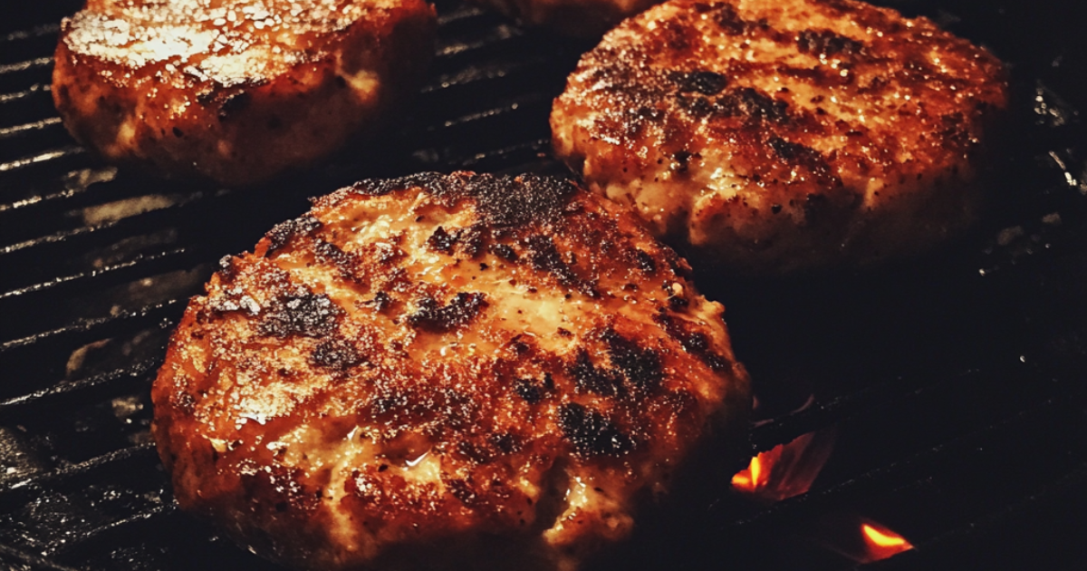 Golden brown Tyson chicken patties cooking in a skillet, ready to serve