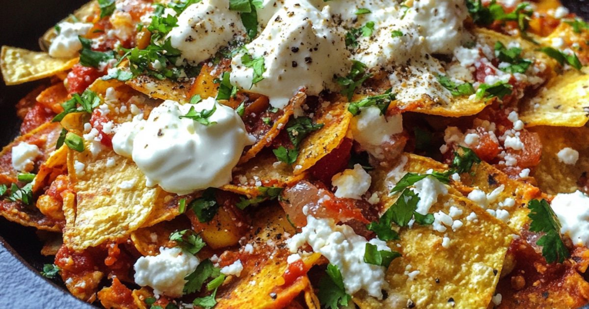 Chilaquiles: Traditional Mexican breakfast dish with fried tortilla chips, salsa, eggs, and cheese