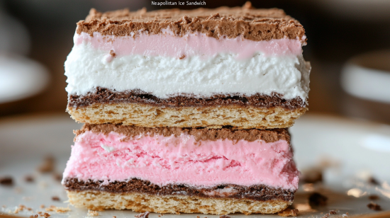 Neapolitan Ice Cream Sandwich recipe with chocolate, vanilla, and strawberry ice cream layers between soft cookies