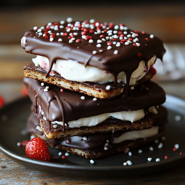 Chocolate-dipped sandwiches with a crispy outer layer and creamy filling, topped with sprinkles