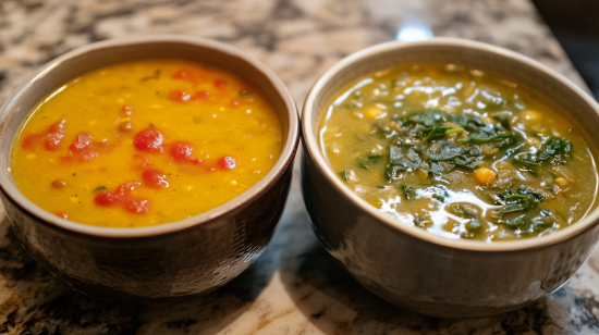 A steaming bowl of lentil and spinach soup garnished with fresh parsley and a wedge of lemon on the side