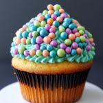 A beautifully decorated cupcake with colorful sprinkles arranged in patterns, placed on a vibrant dessert table.