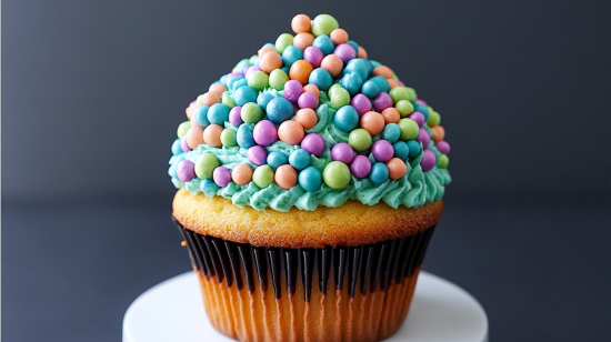 A beautifully decorated cupcake with colorful sprinkles arranged in patterns, placed on a vibrant dessert table.