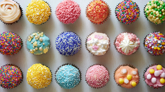 A variety of sprinkles, including nonpareils, jimmies, sugar crystals, confetti sprinkles, and edible glitter, displayed in small bowls.