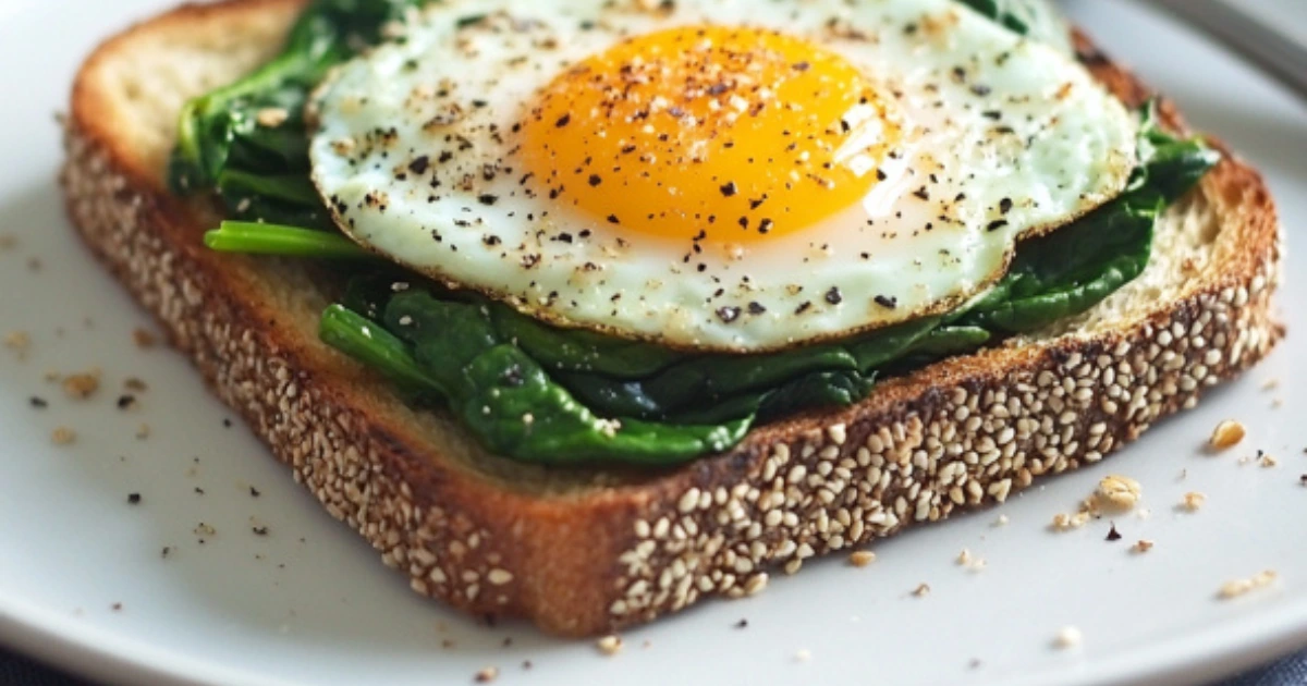 Healthy egg on toast with whole-grain bread, avocado, and a poached egg, garnished with fresh herbsv