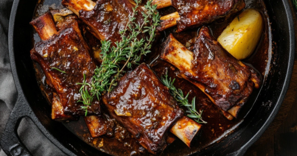 Beef ribs being grilled to perfection with a smoky glaze, showing tender and juicy results