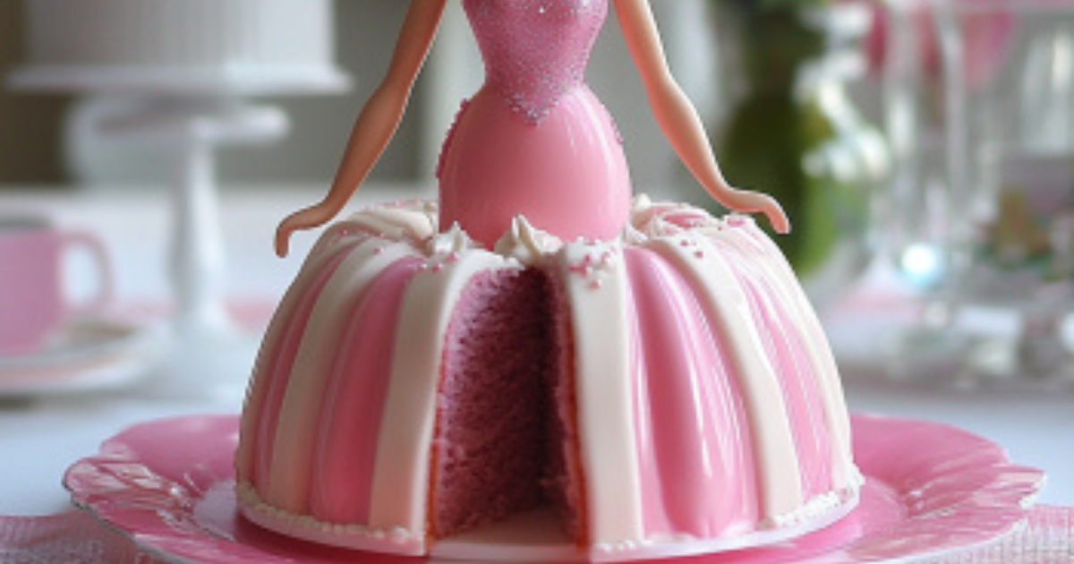 A Barbie cake created using a Bundt pan, featuring a fluted design and decorated with pink frosting and fondant details