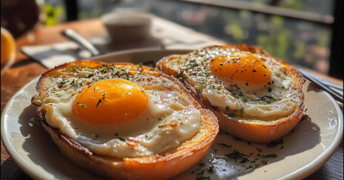 A perfectly cooked toast egg with a runny yolk served on crispy toast.