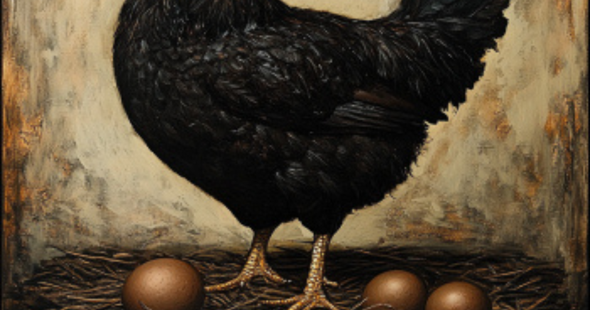 Close-up of a black chicken next to cream-colored eggs, debunking the myth that black chickens lay black eggs