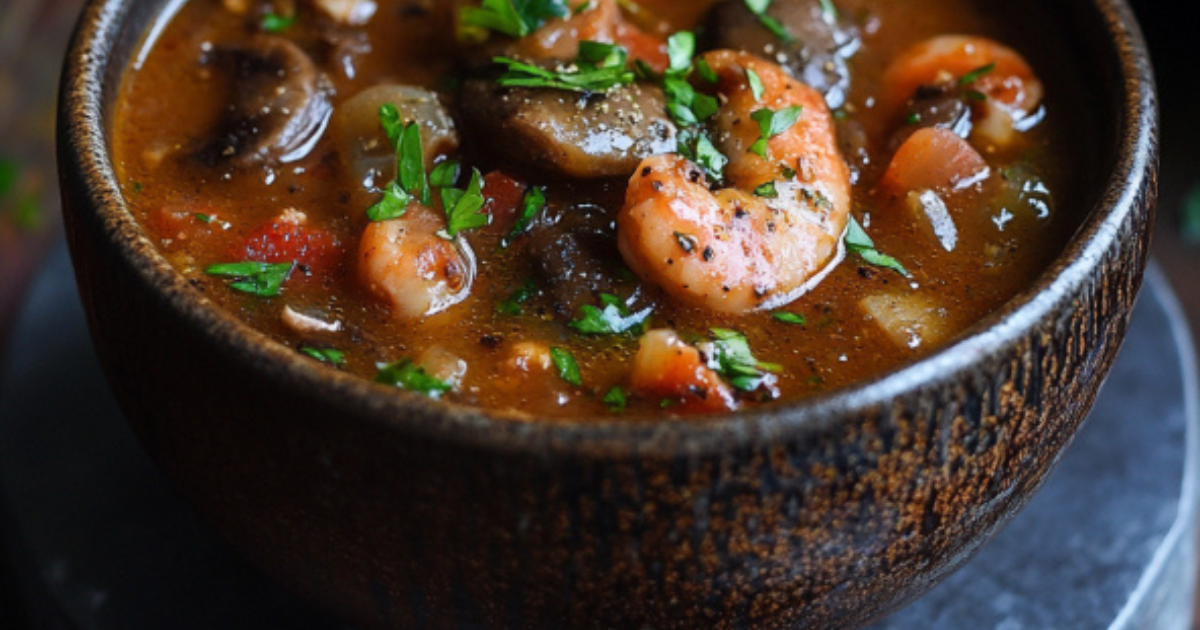 A steaming bowl of swamp soup featuring fresh leafy greens, root vegetables, and sausage, garnished with parsley