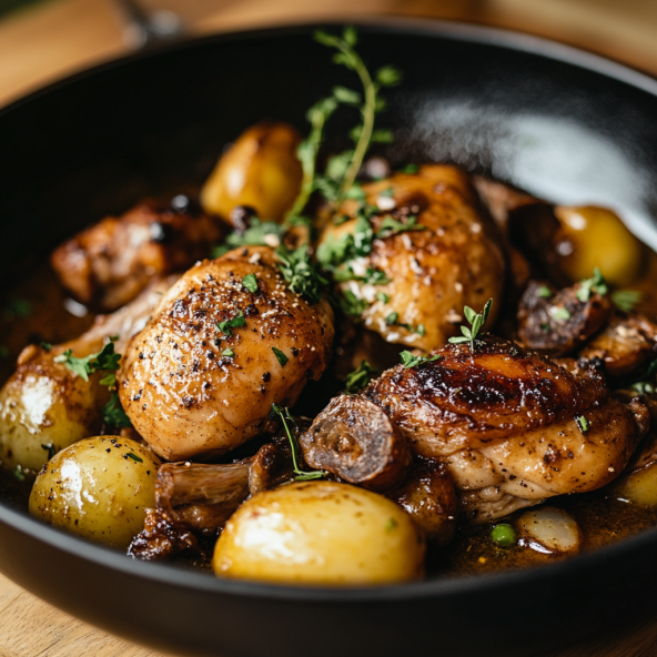 A flavorful black chicken dish showcasing its rich, earthy taste and tender texture, garnished with fresh herbs