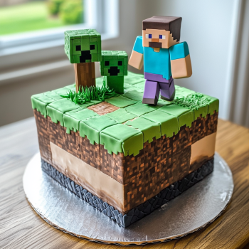 A Minecraft-themed cake decorated with edible sugar blocks in green, brown, and blue, replicating the game's pixelated design.