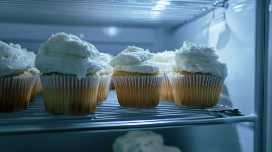 Freshly baked chocolate chip cupcakes in a container, ready for storage to maintain their freshness and flavor.