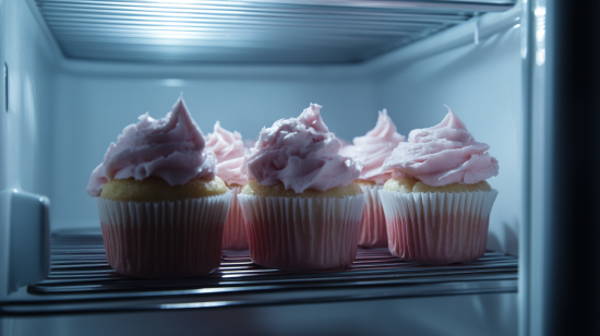 A side-by-side comparison of frosted and unfrosted chocolate chip cupcakes in storage containers, showing the best methods for preserving freshness.