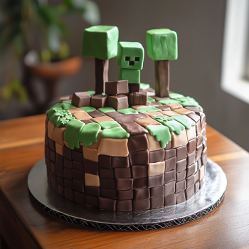 A real-life Minecraft-inspired cake with pixelated frosting design, made with vanilla sponge and red candy sprinkles