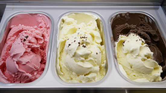 Layering Neapolitan ice cream with chocolate, vanilla, and strawberry in a clear container, showcasing the distinct layers of each flavor