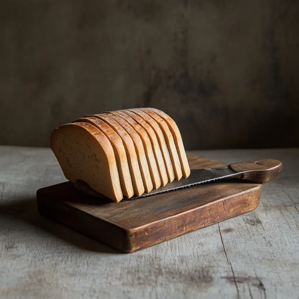 A person using a bread slicer safely, with proper hand placement and precautions.