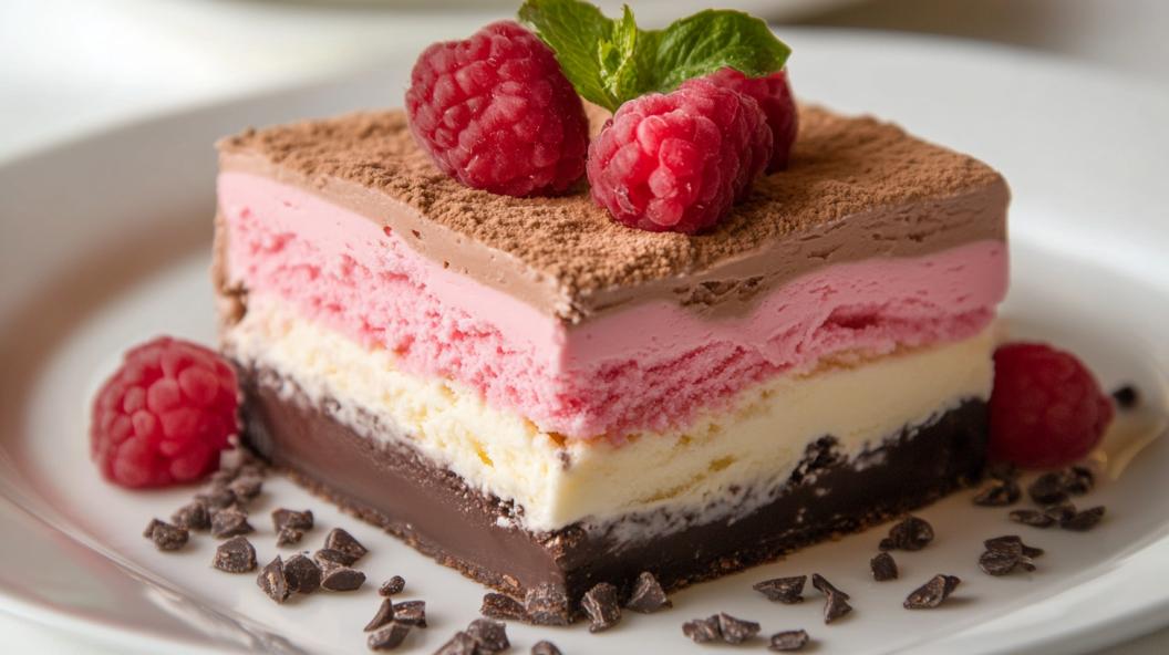 A container of classic Neapolitan ice cream with distinct layers of chocolate, vanilla, and strawberry, highlighting its iconic design