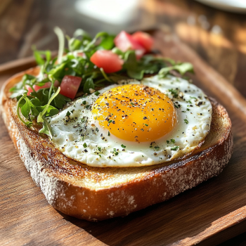 Gourmet egg on toast served in a restaurant, featuring creative toppings like avocado and smoked salmon, becoming a signature dish.