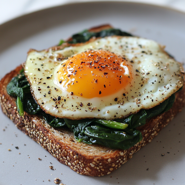 Egg and spinach on whole grain toast, garnished with fresh herbs for a nutritious breakfast option.